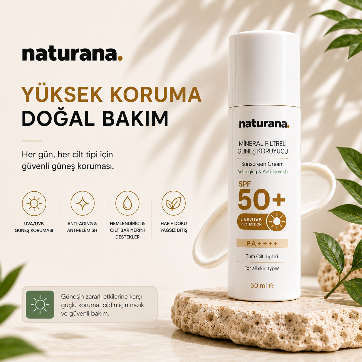 Mineral Filtreli Güneş Kremi Yüksek Koruma Yaşlanma ve Leke Karşıtı SPF 50+ UVA UVB PA++++ 50 ML
