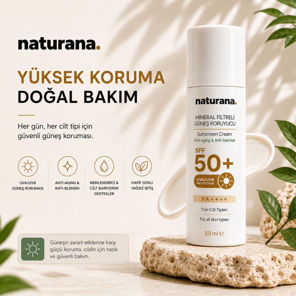 Mineral Filtreli Güneş Kremi Yüksek Koruma Yaşlanma ve Leke Karşıtı SPF 50+ UVA UVB PA++++ 50 ML