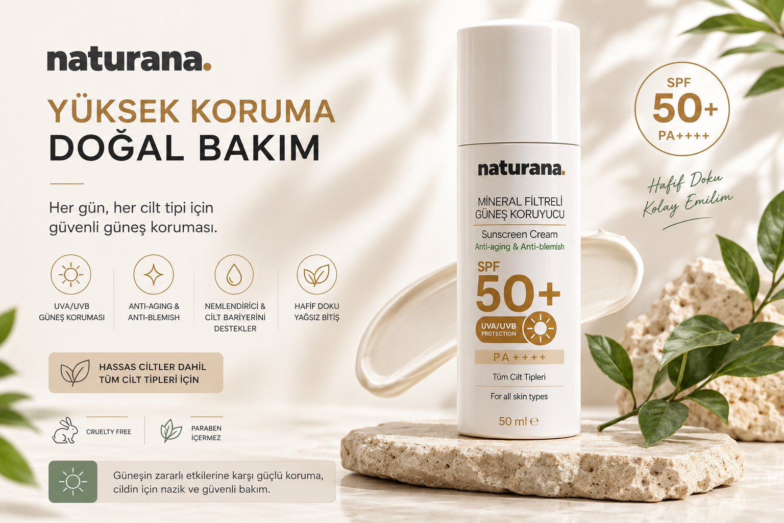 Mineral Filtreli Güneş Kremi Yüksek Koruma Yaşlanma ve Leke Karşıtı SPF 50+ UVA UVB PA++++ 50 ML